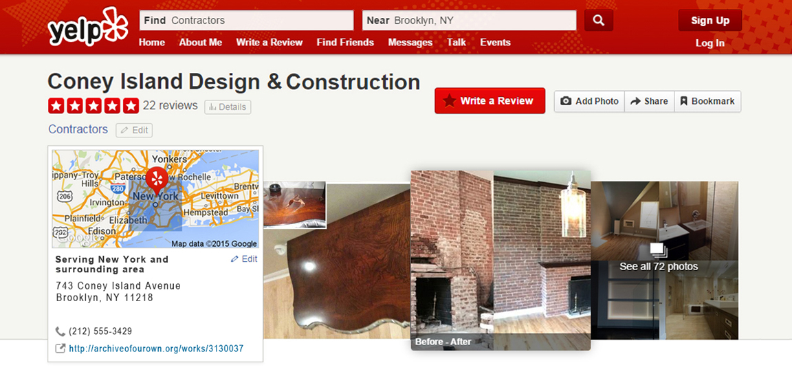 Header for a fake yelp page for Coney Island Design and Construction